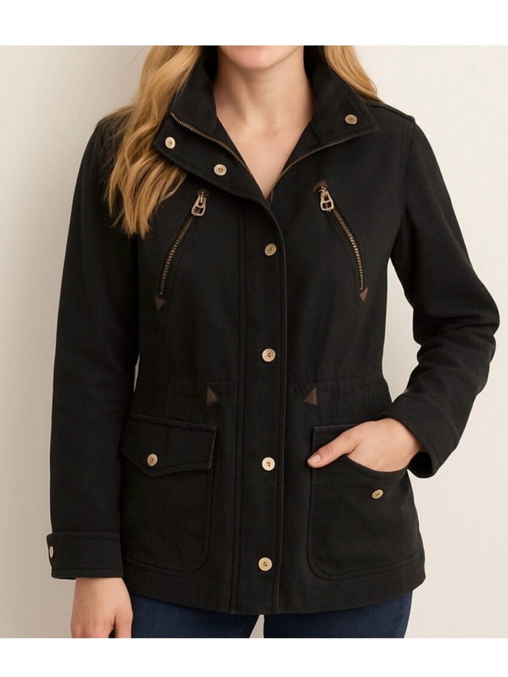 Juicy Couture Black Utility Jacket w/ Gold Hardware & Removable Hood – Size XS
